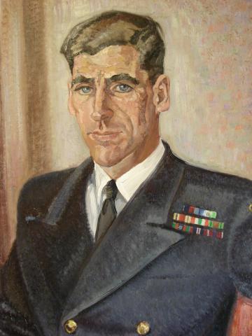 1955 - Detail of portrait by Elizabeth Tatchell Harrison, dated 1955. The painting is in the George Whalley Room in Watson Hall, Queen's Unviersity, Kingston. Photograph by Alicia Boutilier.