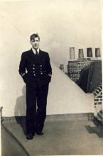 <p>1943 – George Whalley on roof of 97 Cheyne Walk, Battersea, where he lived while stationed in London during World War II</p>