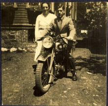 <p>c1933-36 - Dorothy, George’s mother, with George Whalley on his Triumph 550 motorbike</p>